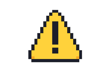 Pixel art warning sign. 8 bit alert icon with exclamation mark. Retro video game style danger symbol. Caution or error vector illustration for interface design. Attention graphic.