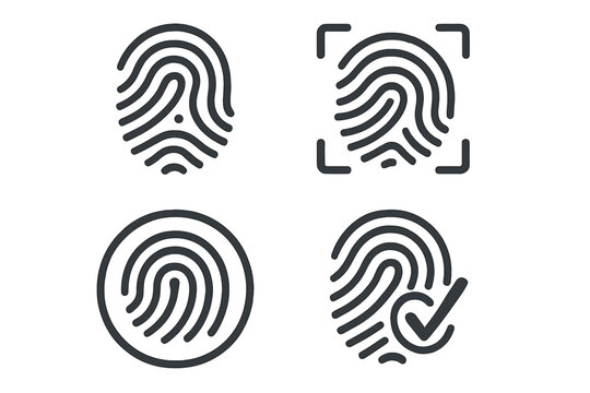 Fingerprint icon set for biometric identification, security access, and identity verification. Vector thumbprint scanner and digital authentication technology symbol for a unique ID.