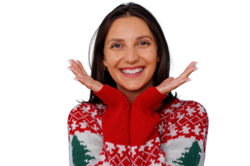 Happy young woman celebrating winter holidays and christmas, smiling and presenting on transparent background