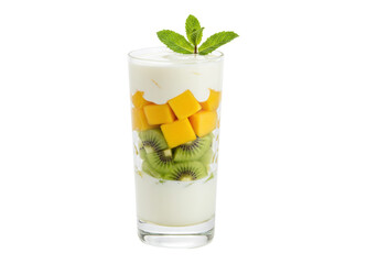 Delicious mango kiwi yogurt parfait isolated, layered dessert in glass with fresh mint leaves, healthy breakfast or snack on transparent background