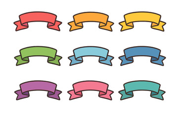 Colorful ribbon set in flat design, cartoon style banner, vibrant vector ribbons collection, decorative ribbon icons, transparent background illustration, ordered ribbon pack
