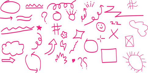 Collection of abstract red and dark green geometric shapes and outlines isolated on transparent background