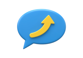 Blue speech bubble with yellow arrow isolated PNG, upward trend symbol for communication and growth on transparent background