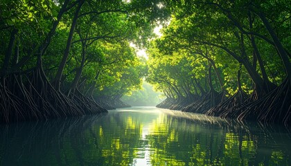 Fototapeta premium Serene River Flowing Through Lush Green Mangrove Forest with Sunlight Filtering Through Trees