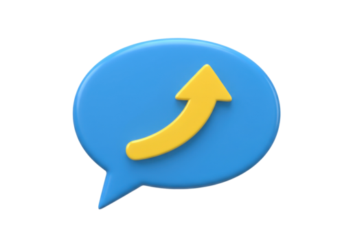 Blue speech bubble with yellow arrow isolated PNG, upward trend symbol for communication and growth on transparent background