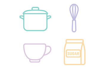 Various kitchen cooking and baking essentials, including a pot, whisk, cup, and sugar bag for culinary themes