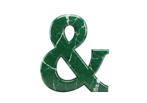 Green marble ampersand isolated on transparent background, 3D rendering symbol for graphic design and typography use