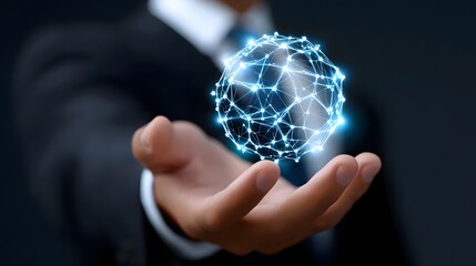 Glowing digital sphere representing a futuristic global network, technology, and innovation in the hands of a business professional