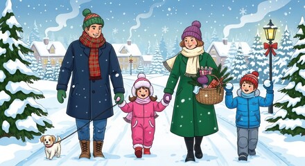 Happy family walking in winter with dog in snowy village landscape