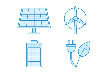 Sustainable green energy technology featuring solar panel, wind turbine, battery, and eco power plug