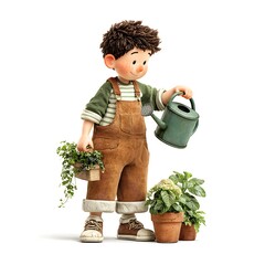 Cheerful 3D Boy Gardener Watering Plants with Overalls on a White Background