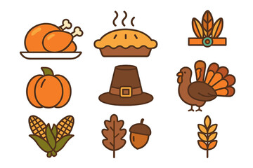 Thanksgiving icon set in flat style with cartoon vector illustrations of turkey, pumpkin, pie, corn, pilgrim hat, autumn leaves, acorn, and feather headband for harvest celebration