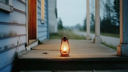 Vintage Lantern on Porch at Dusk