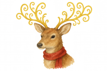Reindeer head wearing red scarf and decorative golden antlers, celebrating christmas, watercolor illustration