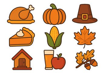 Thanksgiving icons set, flat style vector cartoon illustrations, turkey, pumpkin, pilgrim hat, pumpkin pie, corn, maple leaf, autumn house, beer and apple, oak leaves and acorns, fall holiday symbols
