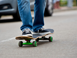 Low Angle of Skater in Jeans Riding Classic Skateboard with Green Wheels