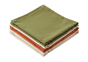 Stack of folded green, orange, and beige linen napkins isolated on white, reusable fabric cloths for kitchen and dining