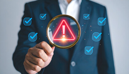 Hand holding magnifying glass focusing on red warning sign among check marks, symbolizing risk detection.