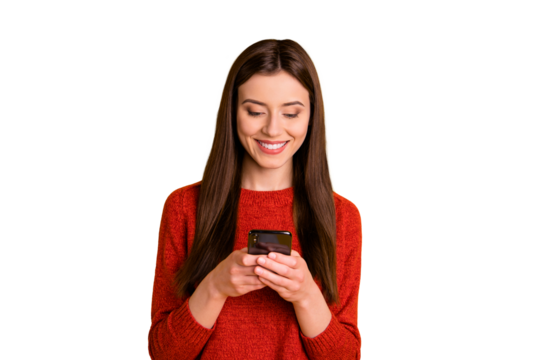 Photo of cheerful cute gorgeous attractive youngster holding telephone with hands smiling toothily browsing through multimedia isolated vivid color background - Powered by Adobe