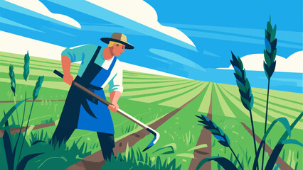 Farmers are doing farm work in the fields, with cartoon hand-drawn vector illustrations