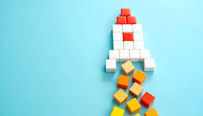 Abstract rocket shape built with multicolored cubes representing innovation, startup, and growth.