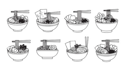 Eight unique bowls of delicious asian ramen noodle soup hand drawn style line art vector