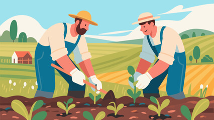 Farmers are doing farm work in the fields, with cartoon hand-drawn vector illustrations