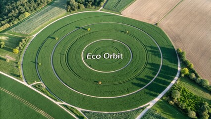 Aerial View of Green Circular Farm Fields Labeled Eco Orbit