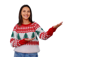 Woman smiling and presenting holiday offers, wearing a christmas sweater, showing festive spirit, transparent background