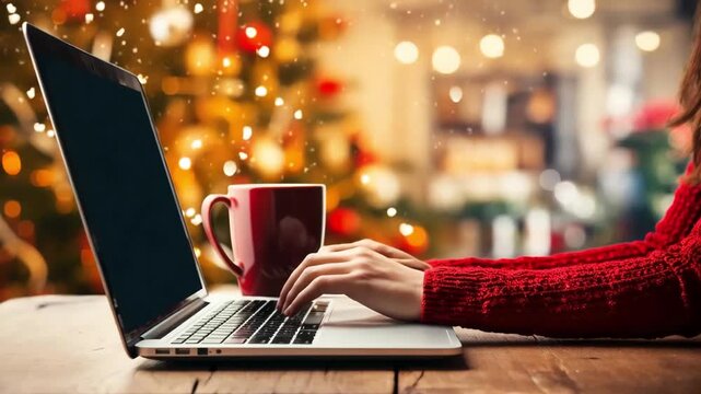 Cozy scene of a woman in a red sweater typing on a laptop with a festive Christmas tree in the background, capturing the warmth of holiday productivity and cheer