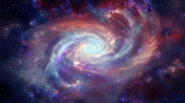 Space scene with swirling galaxy, nebula, and planet, cosmic voyage theme. Suitable for astronomy designs and fantasy content.