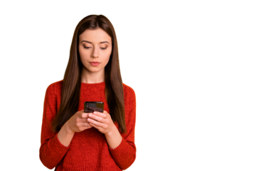 Photo of serious focused cute charming nice girl staring into her telephone searching for information isolated over bright color background