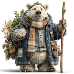 Standing Polar Bear Shepherd with Staff Wearing a Blue Coat on White