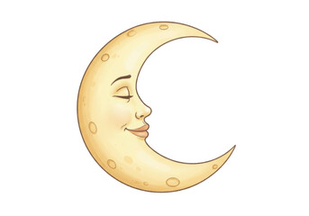 Smiling crescent moon with face isolated PNG, whimsical celestial body on transparent background for children s designs
