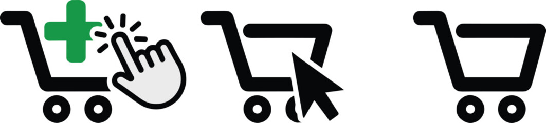 Shopping cart icon set, e-commerce interaction symbols, add to cart illustration, online purchase process, user interface design, retail click-through graphics