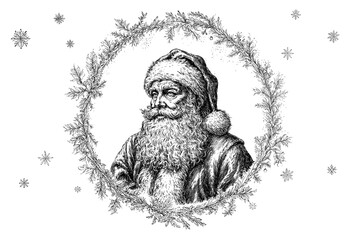 Detailed vintage style illustration of Santa Claus inside a Christmas wreath with snowflakes. Perfect for holiday cards, invitations, festive and Christmas crafts. Elegant black and white engraving