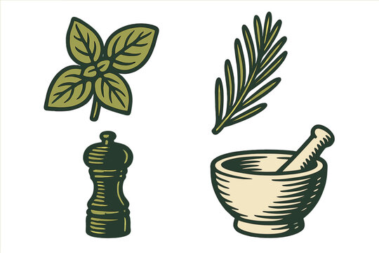 Essential kitchen elements: fresh basil, fragrant rosemary, a sturdy pepper grinder, and a traditional mortar and pestle set
