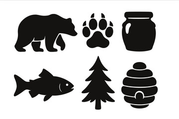 Bear and forest nature elements silhouette set. Grizzly, paw track, salmon fish, honey jar, pine tree, beehive icons. Outdoor adventure, wildlife, camping, national park.
