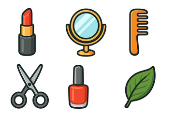 Beauty and grooming icon set. Natural cosmetics and self-care concept. Vector cartoon illustration with lipstick, nail polish, mirror, comb, scissors and leaf for spa or salon.