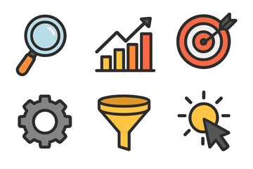 Business and marketing icon set for digital strategy. Vector icons for SEO, analytics, sales funnel, targeting, and growth. Flat design web symbols collection illustration.
