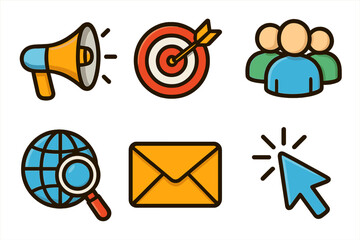 Digital marketing icon set. Vector cartoon collection for online business strategy, advertising, and promotion. Includes target, SEO, audience, email, and CTA click icons.