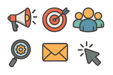 Digital marketing icon set for business. Advertising promotion with megaphone, email newsletter, and target audience. SEO, user group, and pay-per-click vector icons.