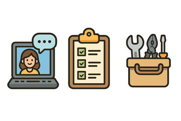Remote work and new employee onboarding vector icon set. Business process icons for online communication, task management, and HR support tools. Job integration and hiring concept.