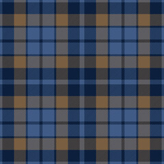 Blue and gold tartan plaid. Scottish pattern fabric swatch close-up. 