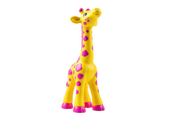 Yellow giraffe toy with pink spots isolated, cute animal figure for kids and decoration PNG © Marie