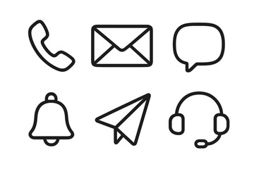 Communication line icon set. Minimalist vector icons for contact us page. Call, mail, chat, notification, paper plane, headset symbols for web design and user interface.