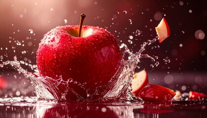 Ripe apple mid-smash, bright red shards and juice captured against a neutral background