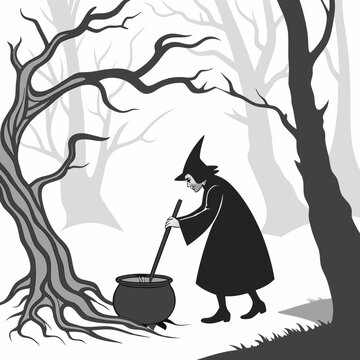 witch stirring cauldron in spooky forest clip art preview