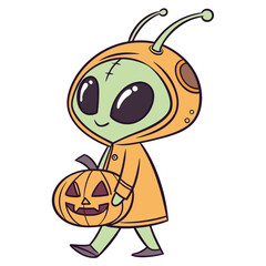 Alien in halloween costume holding pumpkin