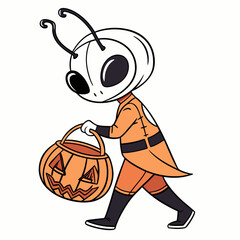Cartoon character in costume with pumpkin